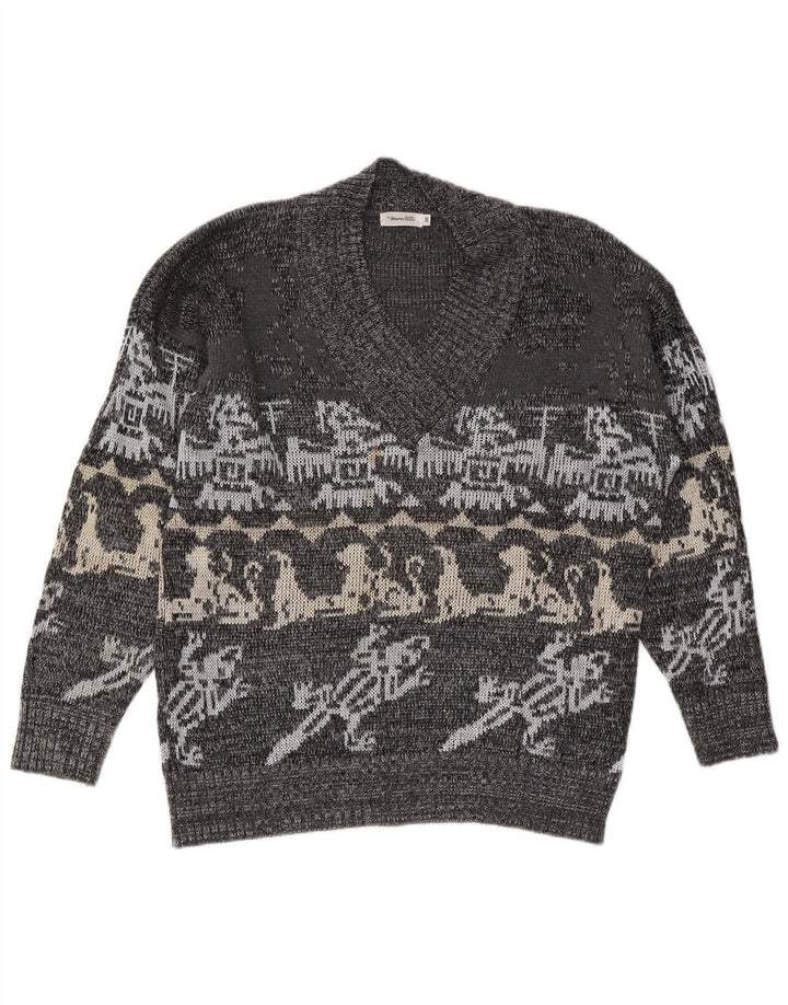 Marco Pecci Mens V-Neck Jumper Sweater UK 40 Medium Grey Fair Isle