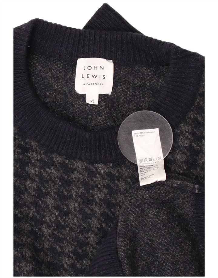 John Lewis Mens Crew Neck Jumper Sweater XL Navy Blue Houndstooth Lambswool