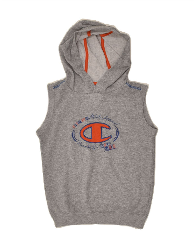 CHAMPION Boys Sleeveless Graphic Hoodie Jumper 5-6 Years XS Grey Cotton | Vintage Champion | Thrift | Second-Hand Champion | Used Clothing | Messina Hembry 