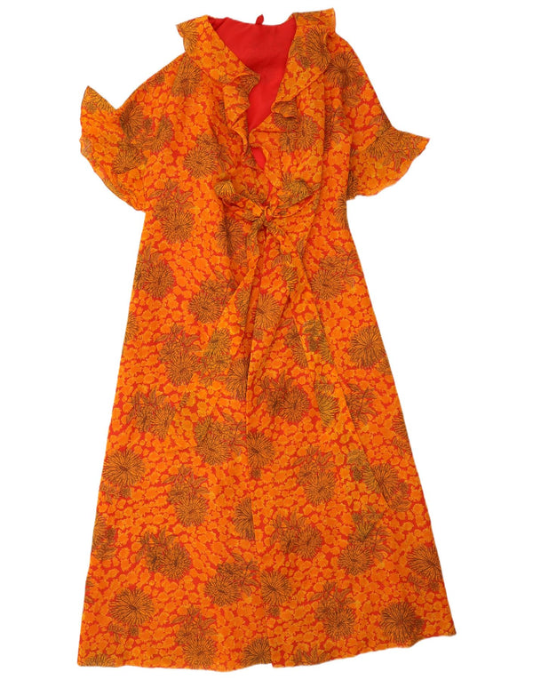 Vintage Womens Robe Maxi Dress UK 14 Medium Orange Floral Bohemian