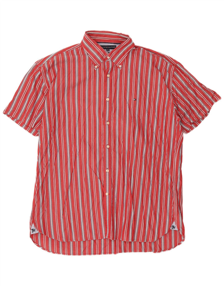 Tommy Hilfiger Mens Short Sleeve Shirt 2XL Red Striped Cotton 80s