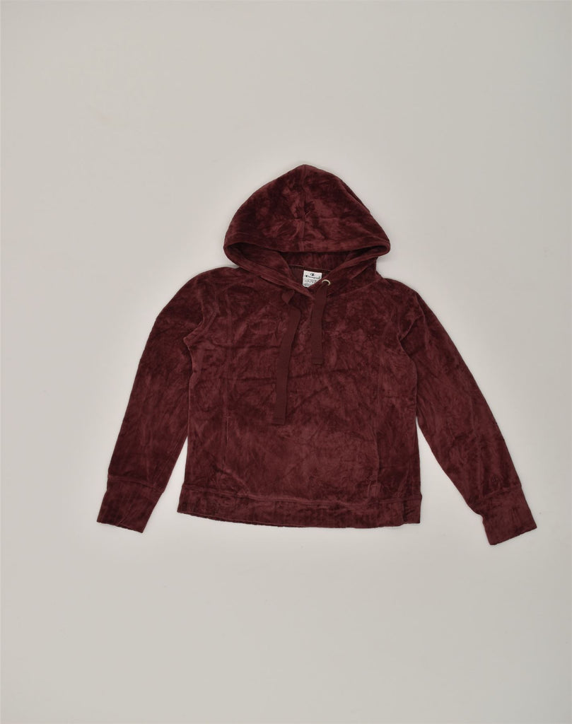 CHAMPION Womens Velour Hoodie Jumper UK 14 Large Burgundy Cotton | Vintage Champion | Thrift | Second-Hand Champion | Used Clothing | Messina Hembry 