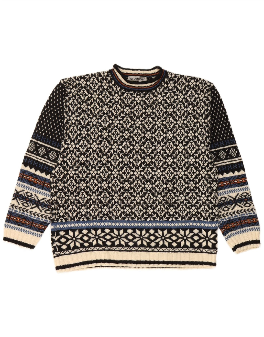Lerros Mens Crew Neck Jumper Sweater Medium Black Fair Isle Wool