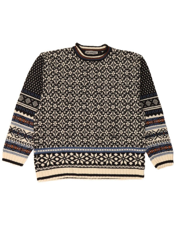 Lerros Mens Crew Neck Jumper Sweater Medium Black Fair Isle Wool