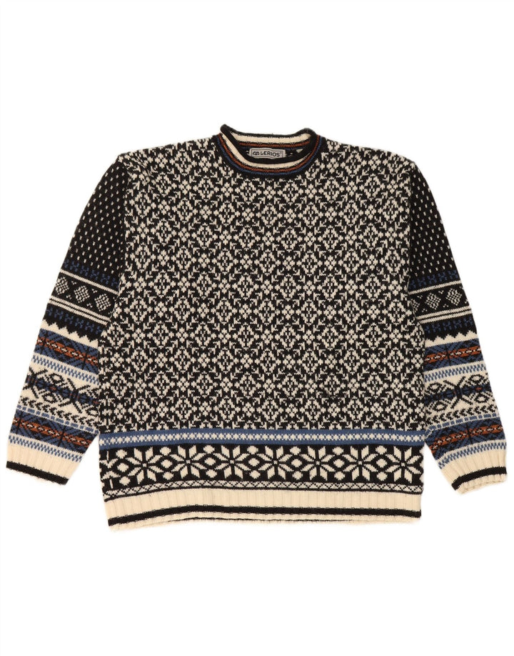 Lerros Mens Crew Neck Jumper Sweater Medium Black Fair Isle Wool