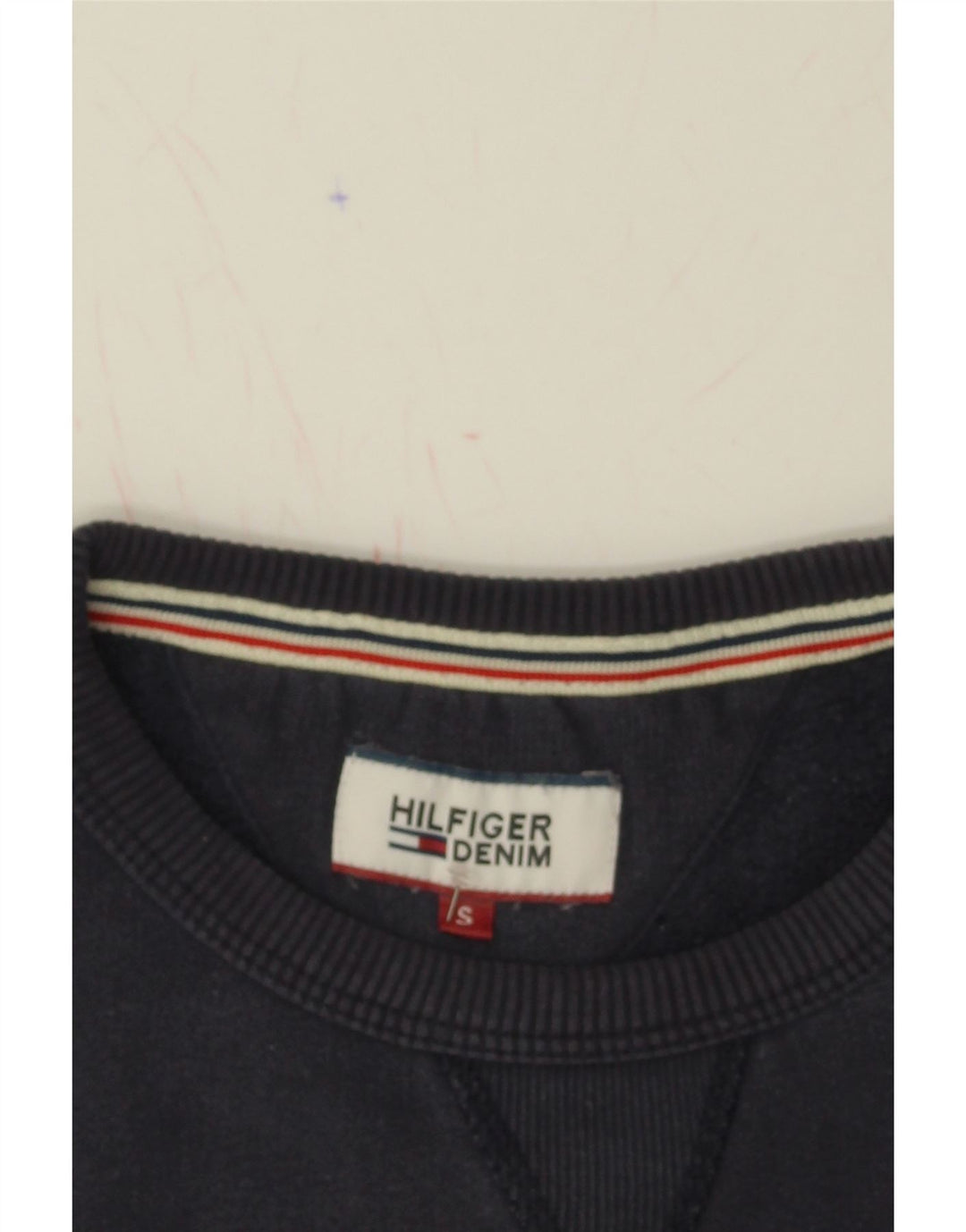 TOMMY HILFIGER Mens Graphic Sweatshirt Jumper Small Navy Blue Cotton Vintage Tommy Hilfiger and Second-Hand Tommy Hilfiger from Messina Hembry 