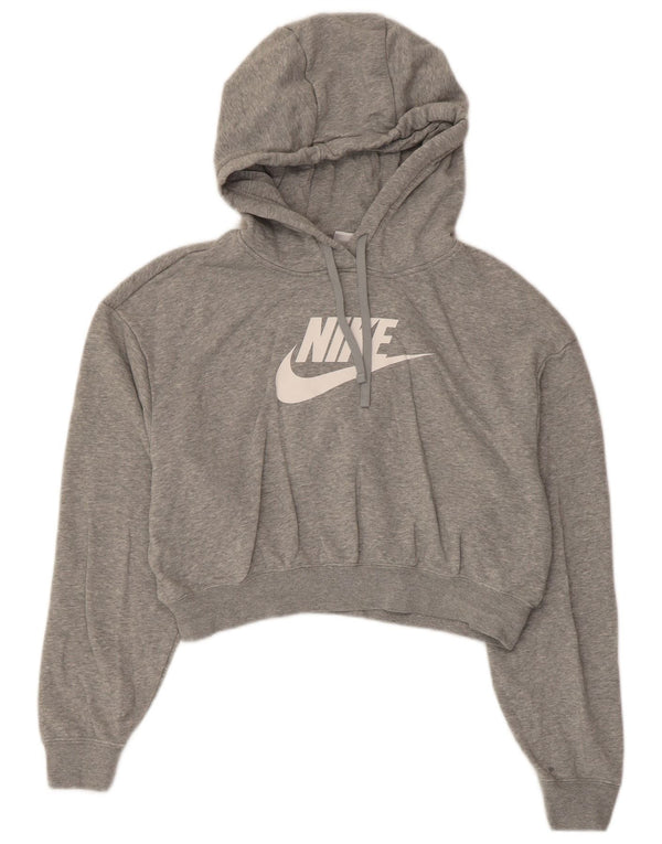 Nike Womens Oversized Crop Graphic Hoodie Jumper UK 6 XS Grey Flecked