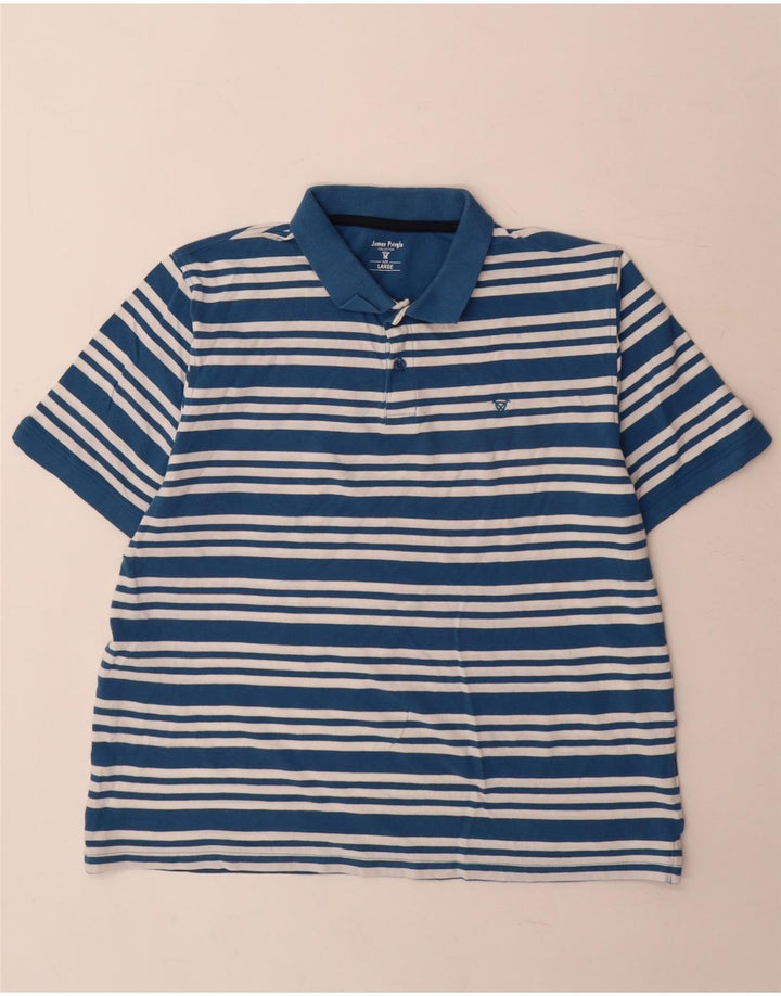 James Pringle Mens Polo Shirt Large Blue Striped Cotton