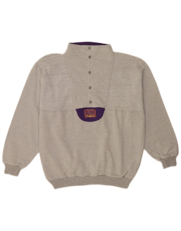 Vintage Mens Button Neck Sweatshirt Jumper XL Grey Cotton Retro