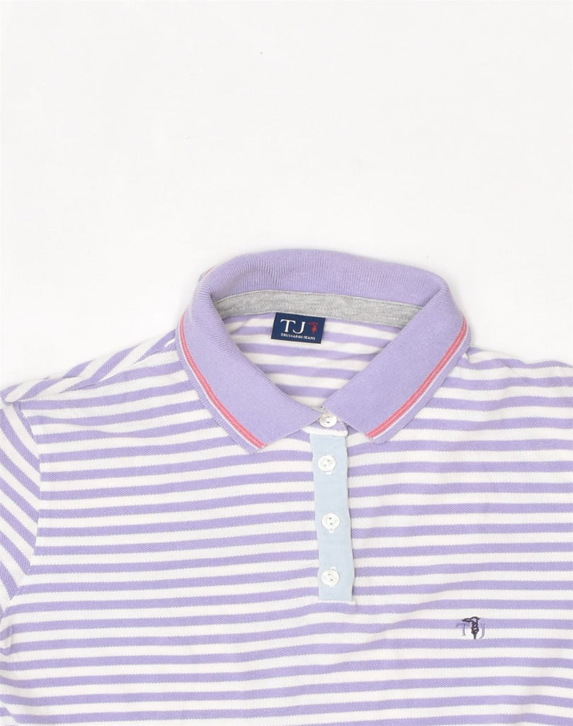 TRUSSARDI JEANS Womens Polo Shirt UK 6 XS Purple Striped Cotton | Vintage | Thrift | Second-Hand | Used Clothing | Messina Hembry 