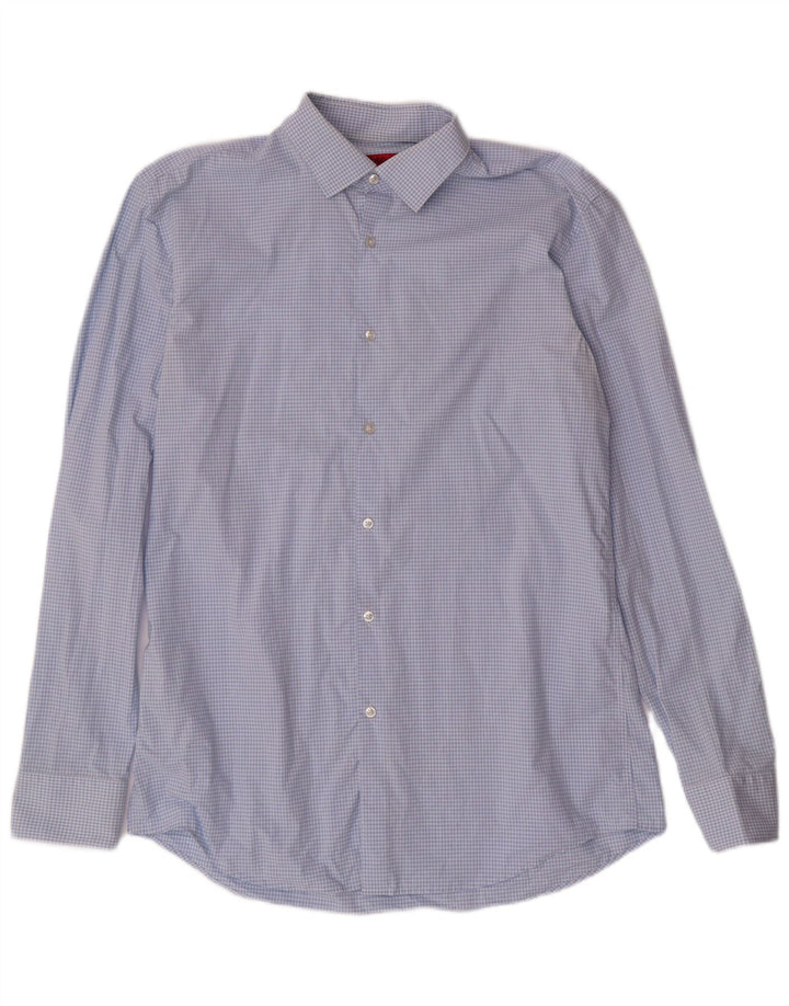 HUGO BOSS Mens Slim Fit Shirt Size 41/16 Large Blue Gingham Cotton