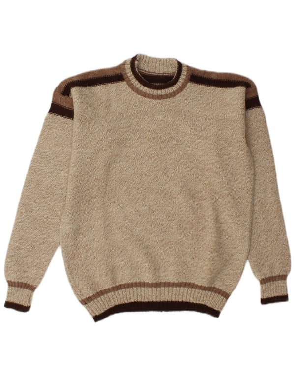 Vintage Mens Crew Neck Jumper Sweater Medium Beige Colourblock Acrylic