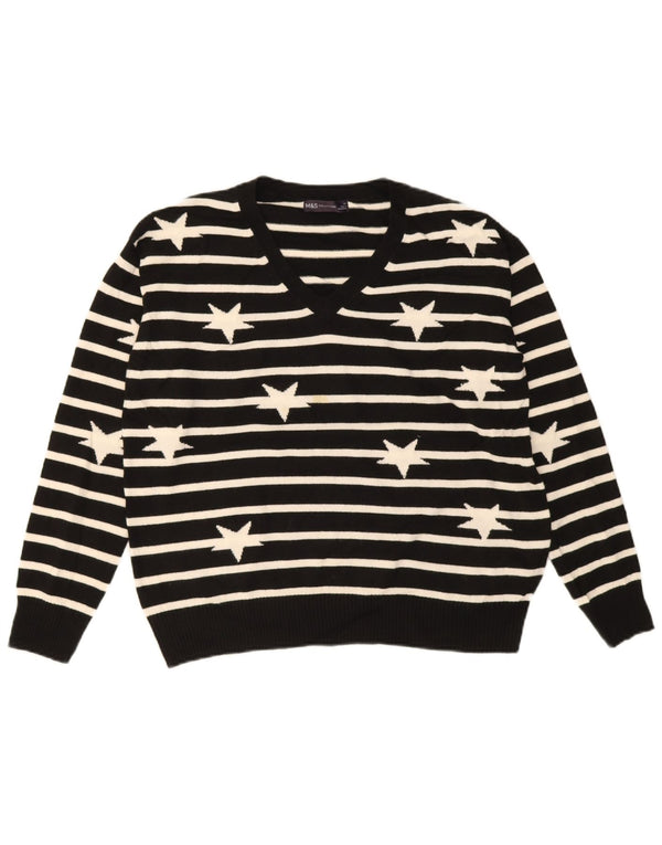 Marks & Spencer Womens V-Neck Jumper Sweater UK 14 Large Black Striped