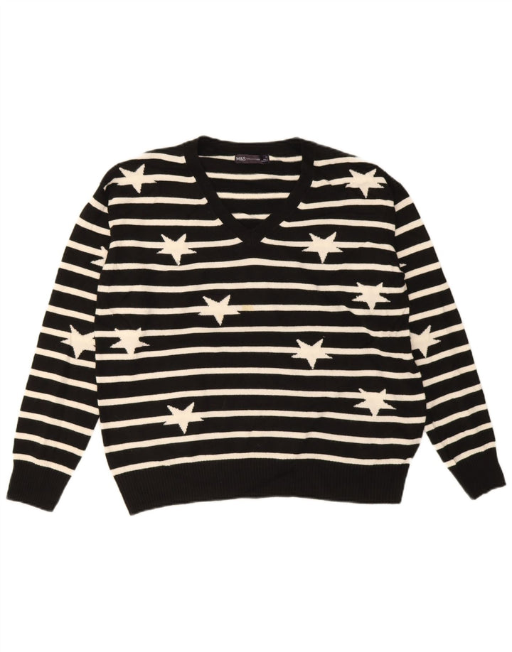 Marks & Spencer Womens V-Neck Jumper Sweater UK 14 Large Black Striped