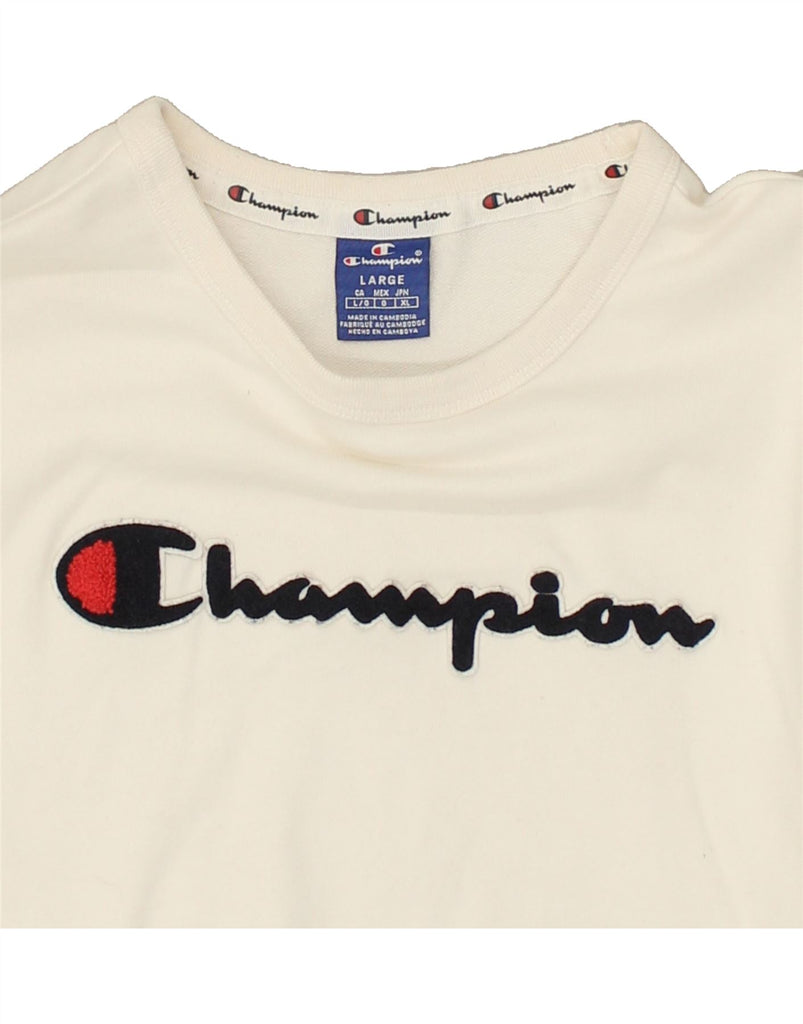 CHAMPION Womens Graphic Crop Sweatshirt Jumper UK 14 Large Off White | Vintage Champion | Thrift | Second-Hand Champion | Used Clothing | Messina Hembry 