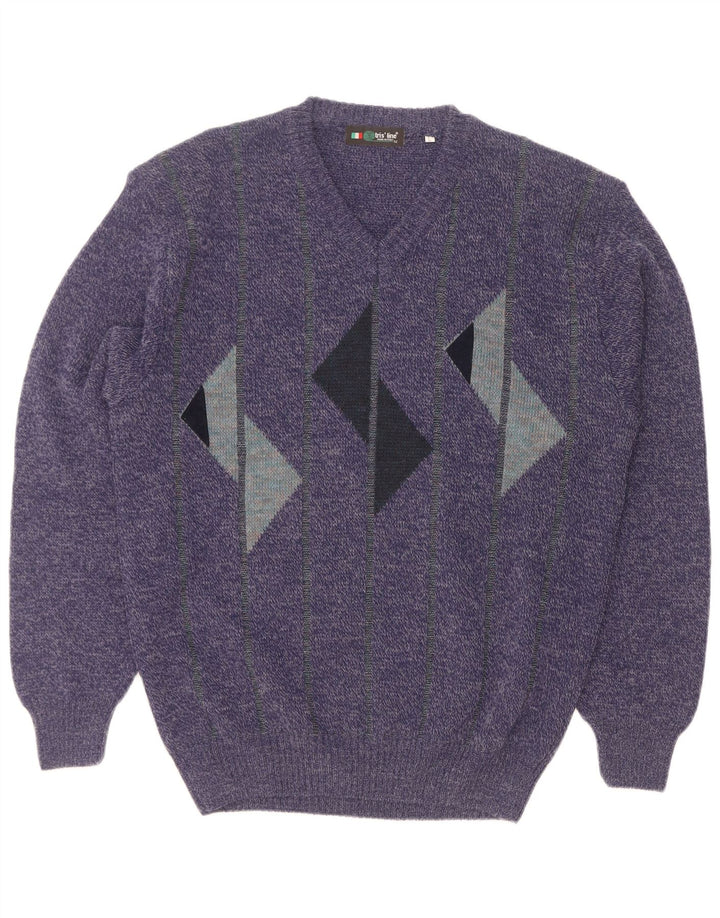 Tris Line Mens V-Neck Jumper Sweater Large Navy Blue Geometric