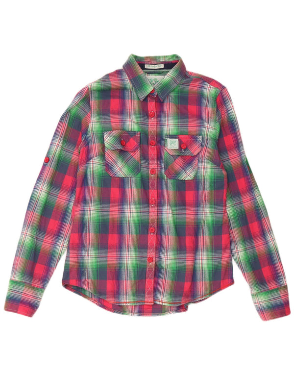 Superdry Womens Shirt UK 14 Large Pink Check Cotton