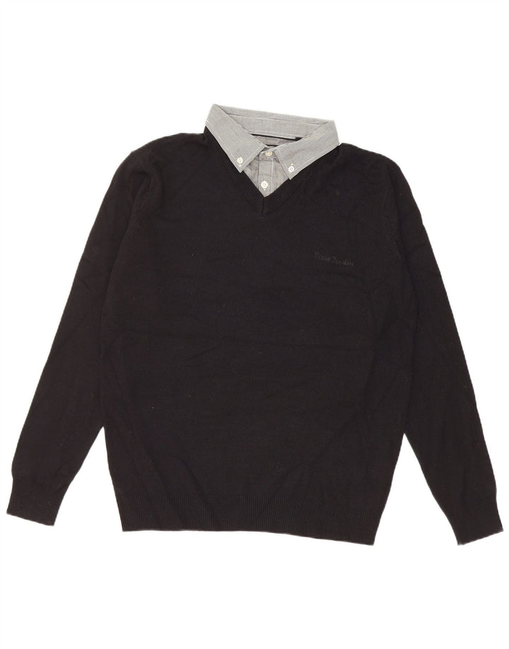 PIERRE CARDIN Mens V-Neck Jumper Sweater Large Black Acrylic