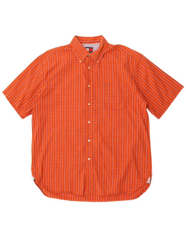 Tommy Hilfiger Mens Short Sleeve Shirt Large Orange Check Cotton