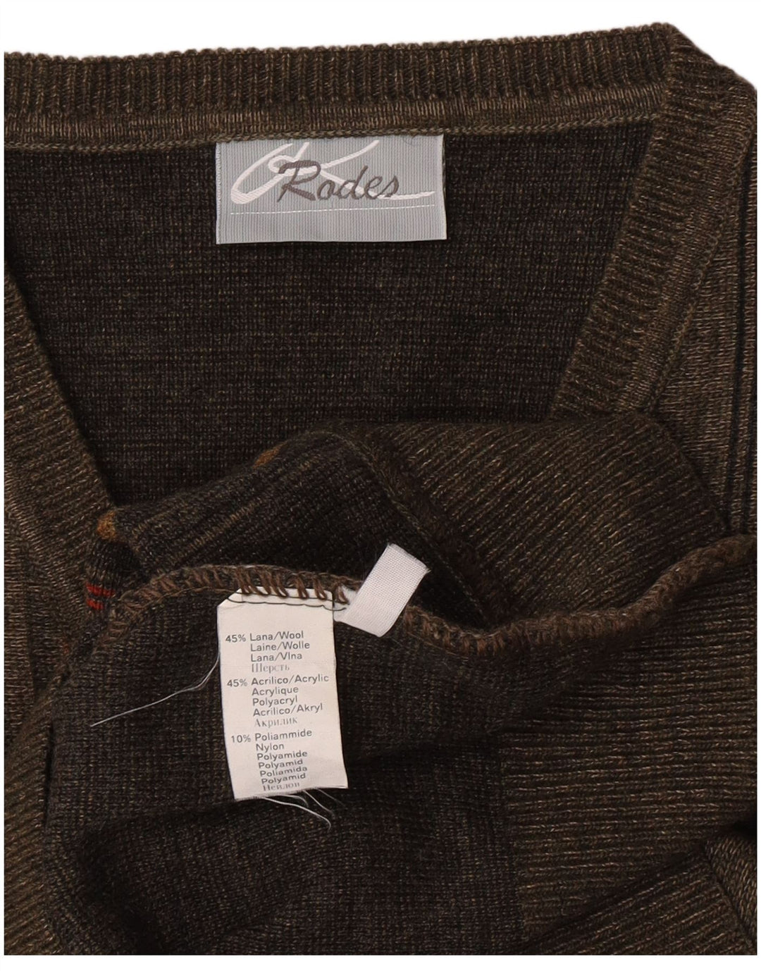 Rodes Mens V-Neck Jumper Sweater Medium Green Striped Wool