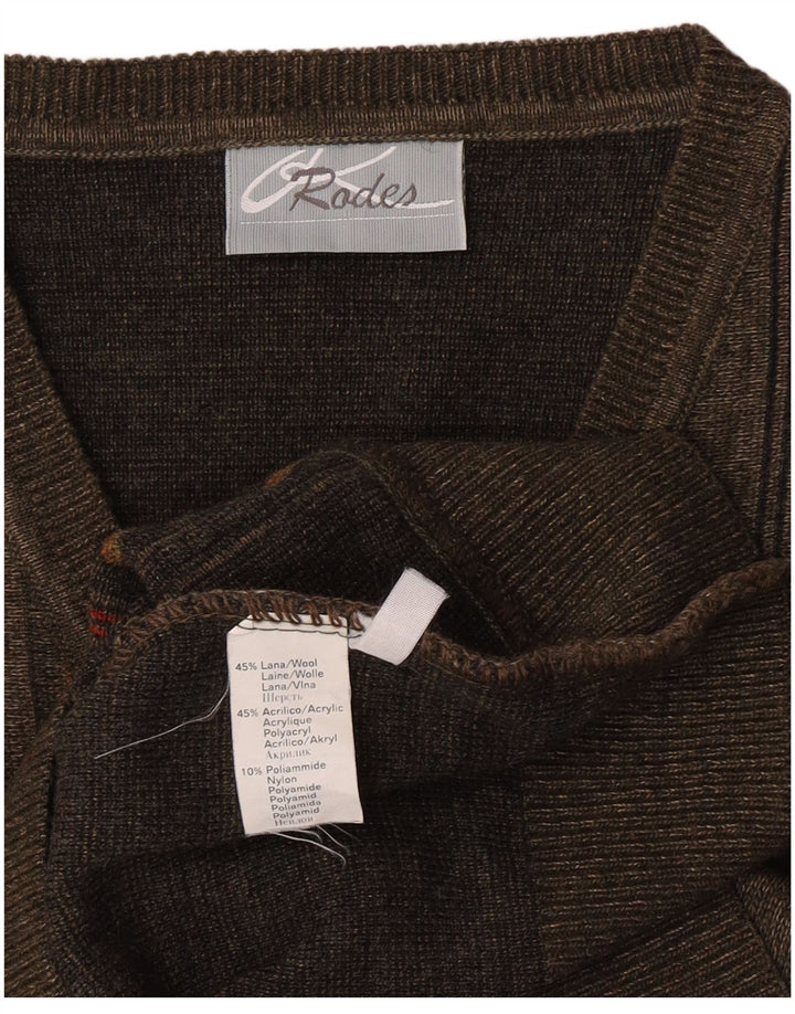 Rodes Mens V-Neck Jumper Sweater Medium Green Striped Wool