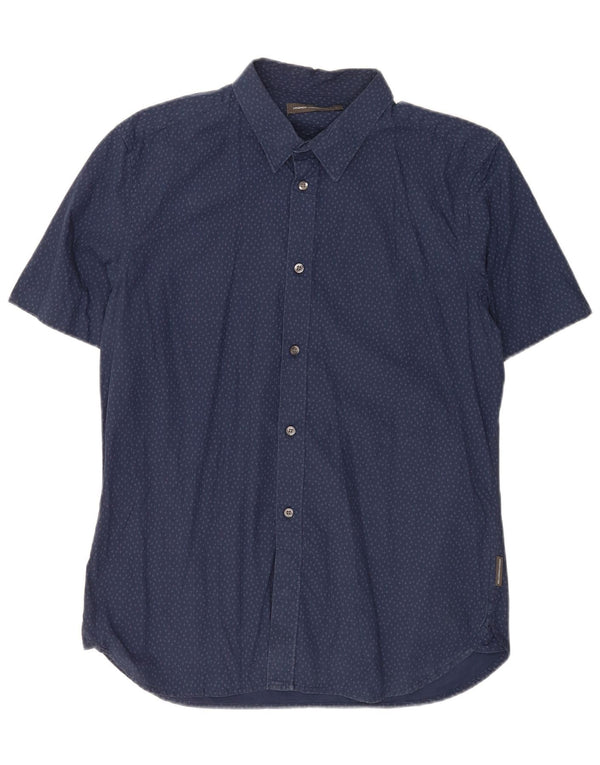 French Connection Mens Short Sleeve Shirt Large Navy Blue Flecked Cotton