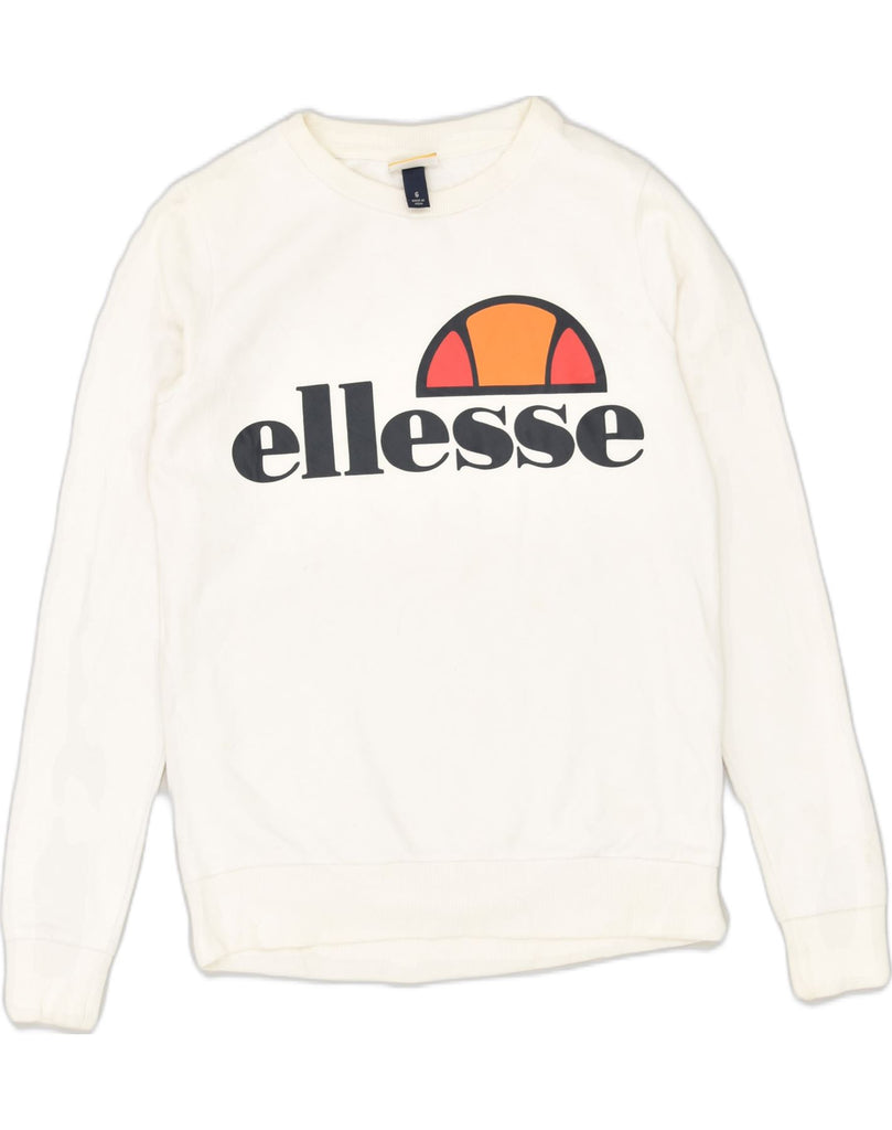 ELLESSE Womens Graphic Sweatshirt Jumper US 6 Medium White Cotton | Vintage Ellesse | Thrift | Second-Hand Ellesse | Used Clothing | Messina Hembry 