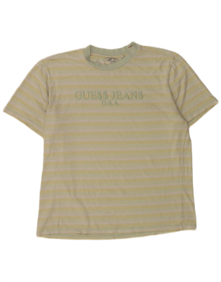 Guess Mens Graphic T-Shirt Top Large Yellow Striped