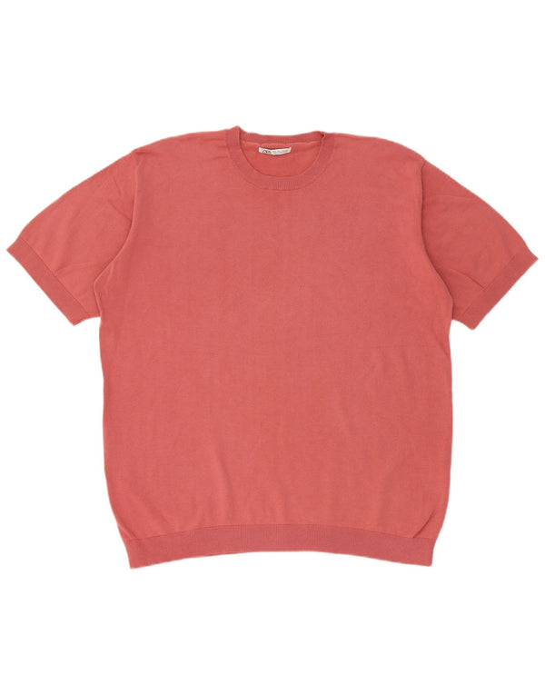 Zara Mens Short Sleeve Crew Neck Jumper Sweater Large Pink Cotton
