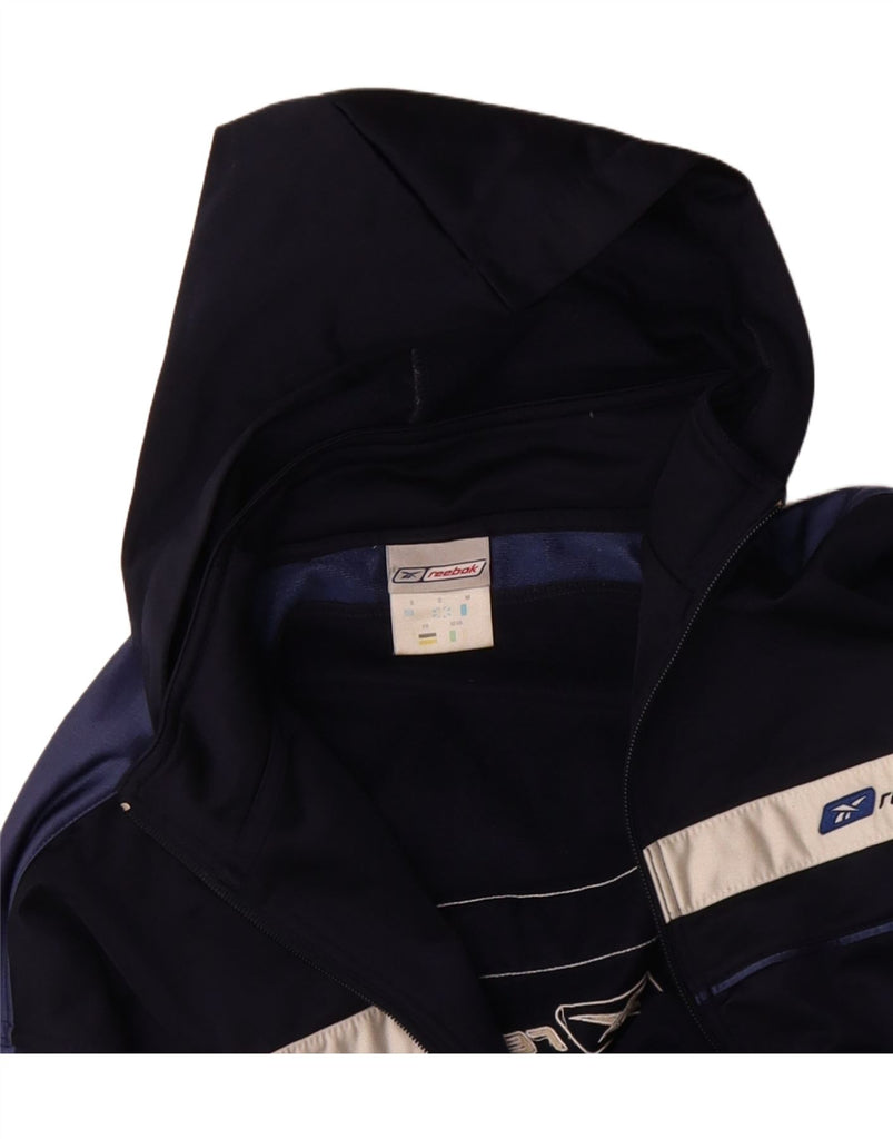REEBOK Mens Graphic Zip Hoodie Sweater Small Navy Blue Colourblock Vintage Reebok and Second-Hand Reebok from Messina Hembry 
