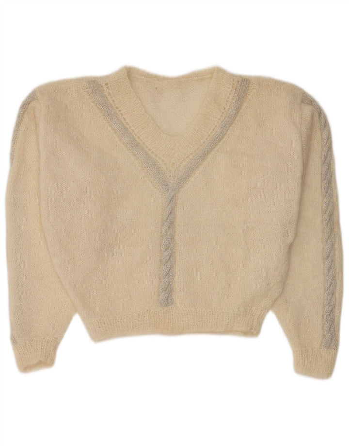 Vintage Womens Crop V-Neck Jumper Sweater UK 12 Medium Off White