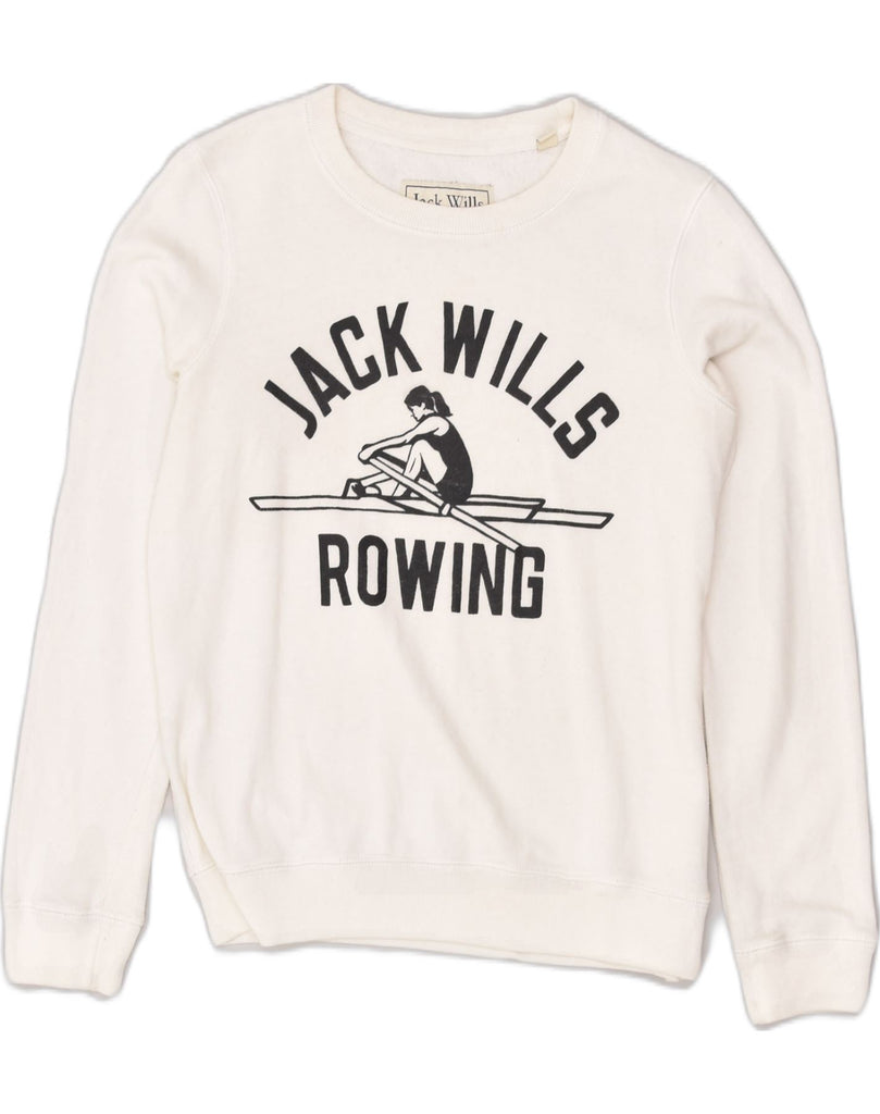 JACK WILLS Womens Graphic Sweatshirt Jumper UK 8 Small  White Cotton | Vintage Jack Wills | Thrift | Second-Hand Jack Wills | Used Clothing | Messina Hembry 