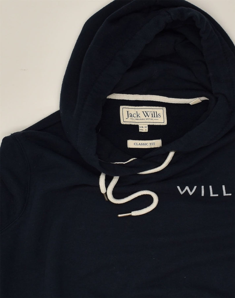 JACK WILLS Womens Classic Fit Graphic Hoodie Jumper UK 10 Small Navy Blue | Vintage Jack Wills | Thrift | Second-Hand Jack Wills | Used Clothing | Messina Hembry 