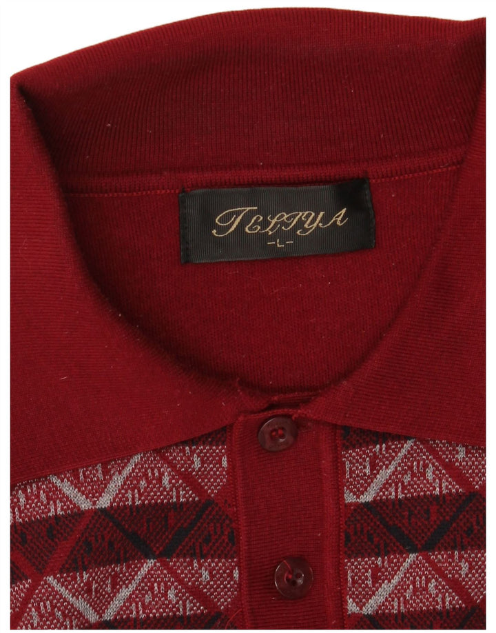 VINTAGE Mens Polo Neck Jumper Sweater Large Burgundy Geometric
