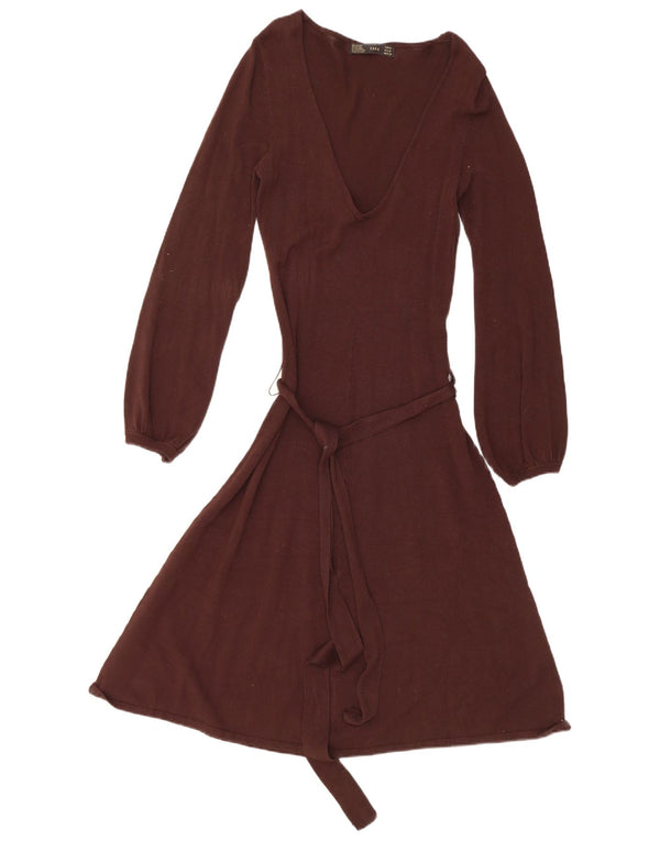 Zara Womens Long Sleeve Jumper Dress UK 12 Medium Brown Rayon