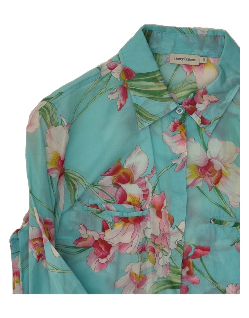 HENRY COTTONS Womens 3/4 Sleeve Shirt IT 40 Small Turquoise Floral | Vintage Henry Cottons | Thrift | Second-Hand Henry Cottons | Used Clothing | Messina Hembry 