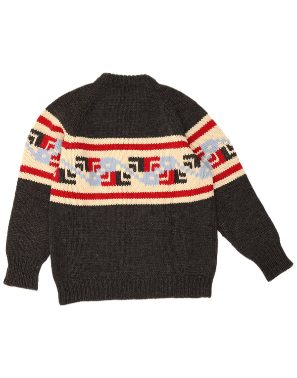 Vintage Mens Crew Neck Jumper Sweater Medium Grey Geometric