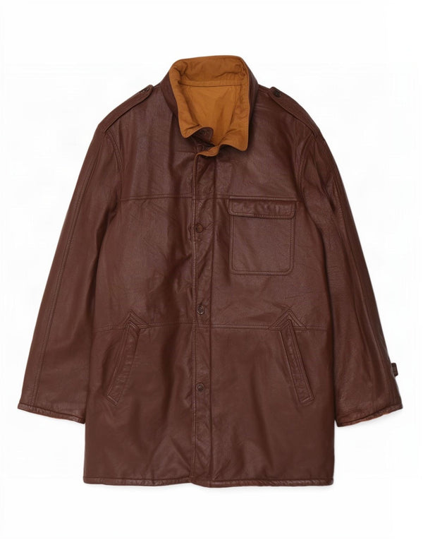 Vintage Mens Military Leather Coat UK 38 Medium Brown