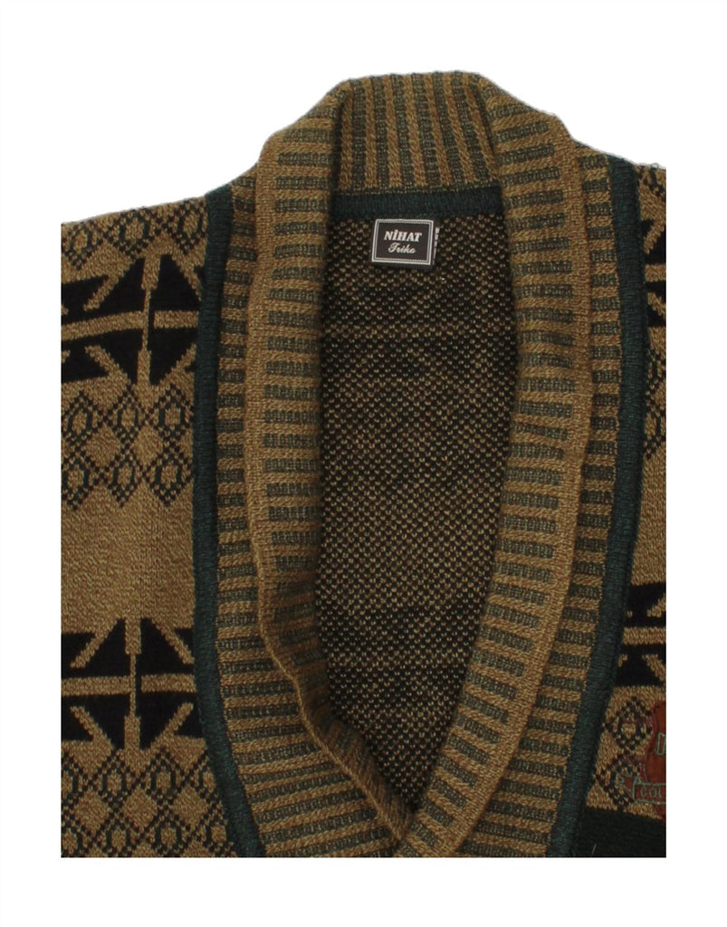 VINTAGE Mens Cardigan Sweater Medium Khaki Geometric Acrylic Vintage Vintage and Second-Hand Vintage from Messina Hembry 