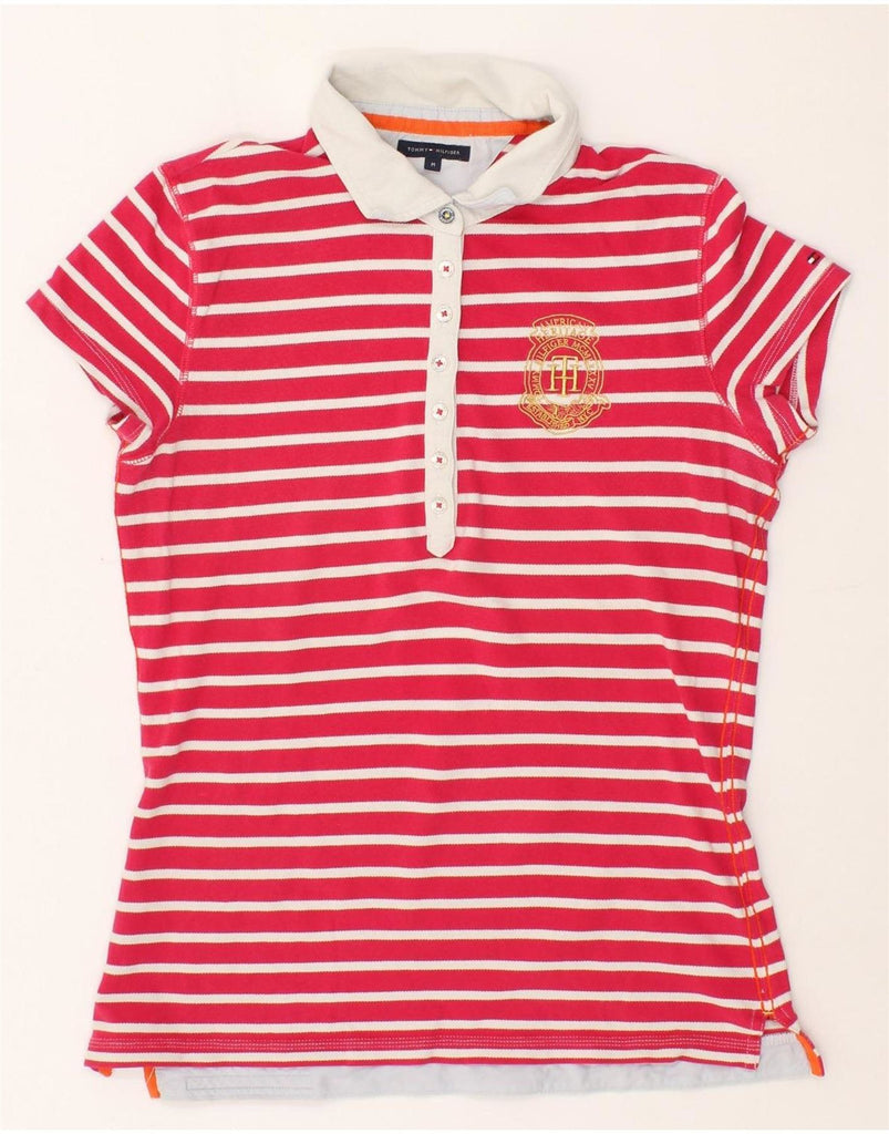 TOMMY HILFIGER Womens Polo Shirt UK 12 Medium Pink Striped Cotton Vintage Tommy Hilfiger and Second-Hand Tommy Hilfiger from Messina Hembry 