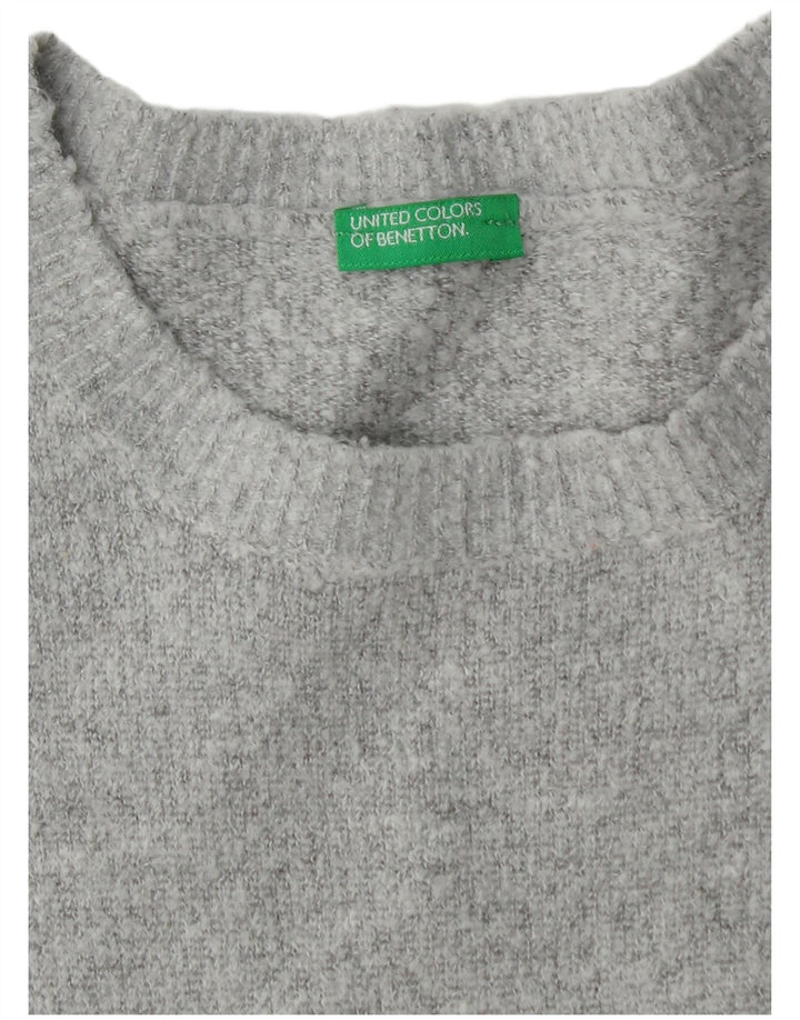 Benetton Womens Graphic Crew Neck Jumper Sweater UK 12 Medium Grey Flecked