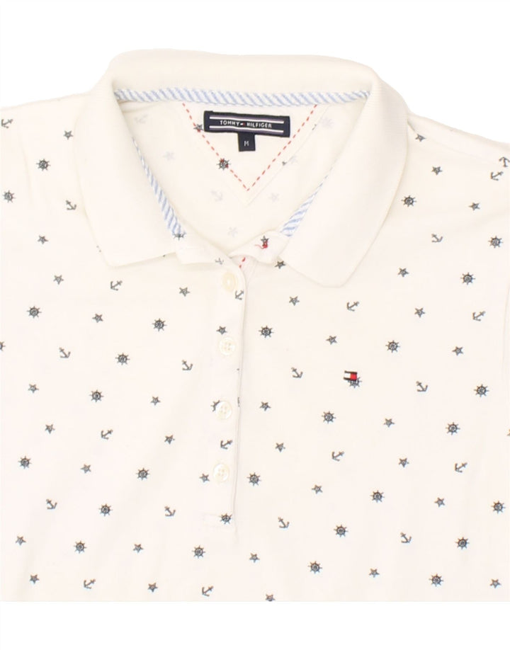 TOMMY HILFIGER Womens Abstract Pattern Polo Shirt UK 12 Medium White Vintage Tommy Hilfiger and Second-Hand Tommy Hilfiger from Messina Hembry 