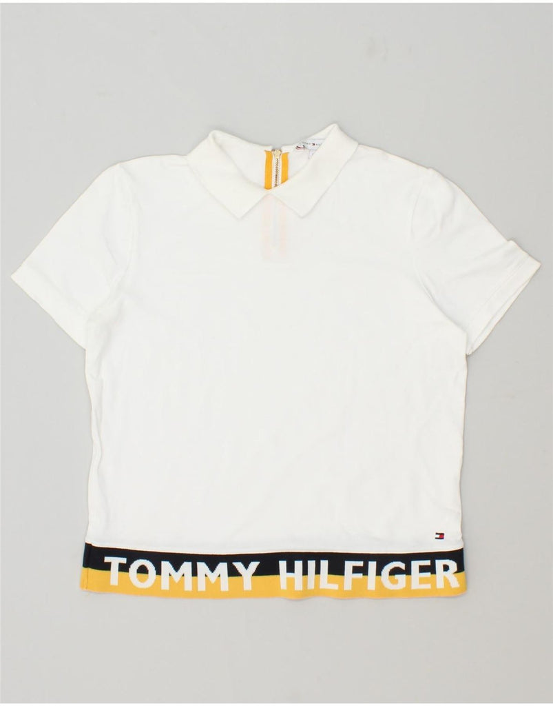 TOMMY HILFIGER Womens Graphic Polo Shirt UK 10 Small White Colourblock | Vintage Tommy Hilfiger | Thrift | Second-Hand Tommy Hilfiger | Used Clothing | Messina Hembry 