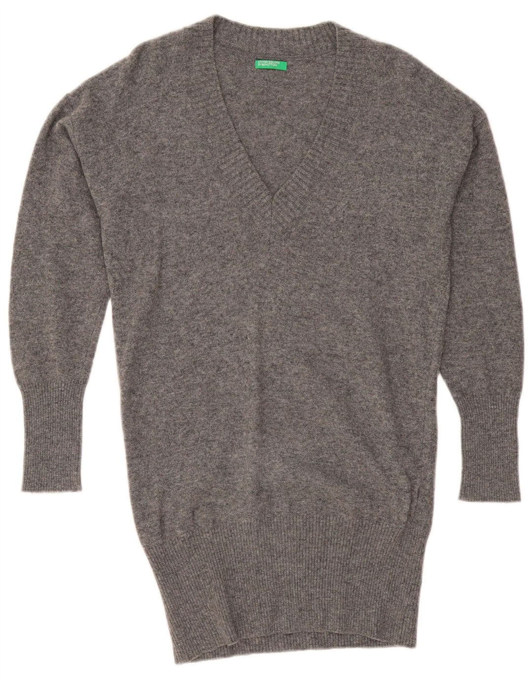 BENETTON Womens Oversized Longline V-Neck Jumper Sweater UK 10 Small Grey