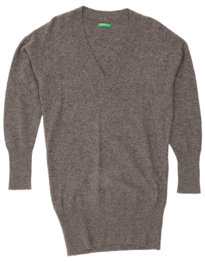 BENETTON Womens Oversized Longline V-Neck Jumper Sweater UK 10 Small Grey