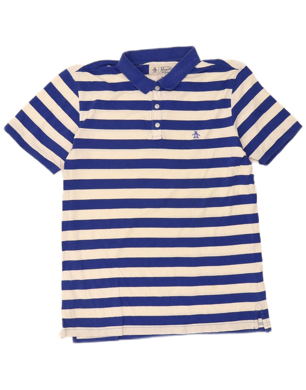 Penguin Mens Regular Fit Polo Shirt Medium Blue Striped Cotton