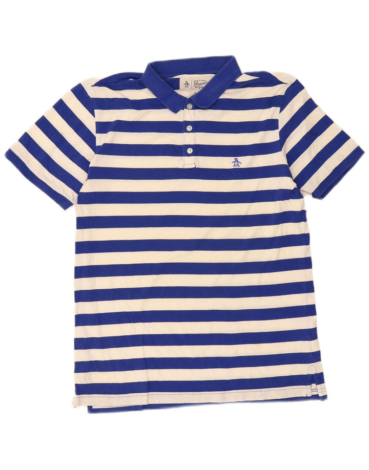 Penguin Mens Regular Fit Polo Shirt Medium Blue Striped Cotton