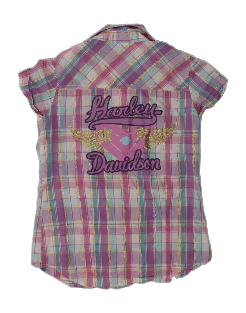 HARLEY DAVIDSON Girls Short Sleeve Shirt 7-8 Years Pink Check Cotton | Vintage Harley Davidson | Thrift | Second-Hand Harley Davidson | Used Clothing | Messina Hembry 