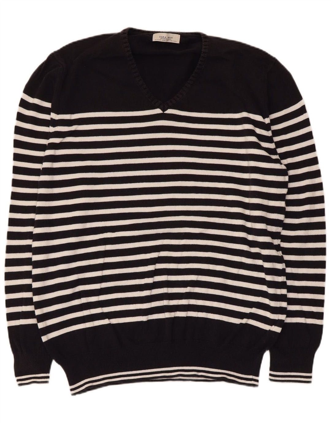 Zara Mens V-Neck Jumper Sweater XL Black Striped