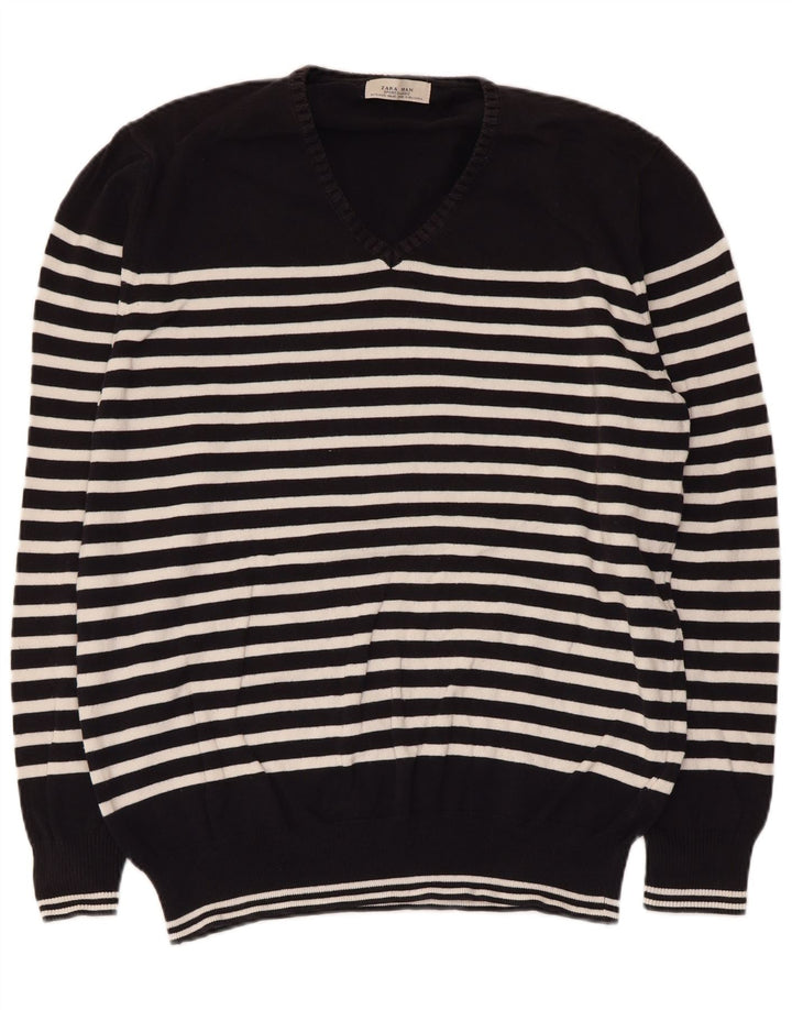 Zara Mens V-Neck Jumper Sweater XL Black Striped